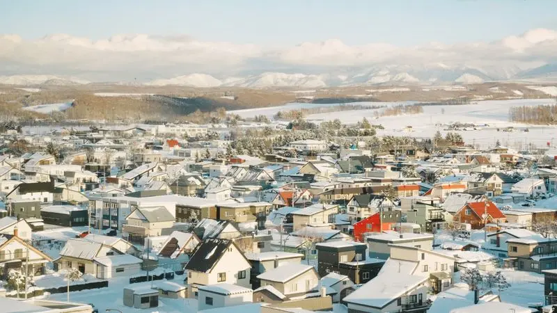 Snow-covered Japanese village in winter