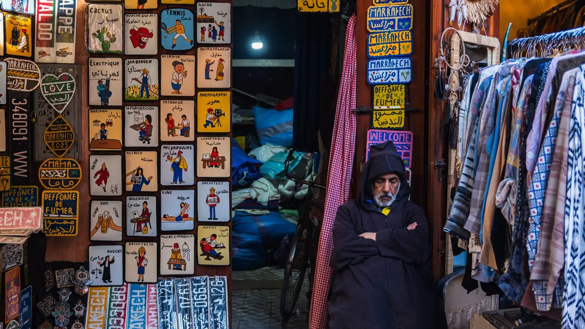 Marrakech medina with vibrant spice market stalls