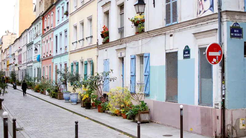 Colorful pastel houses on Rue Crémieux, Paris