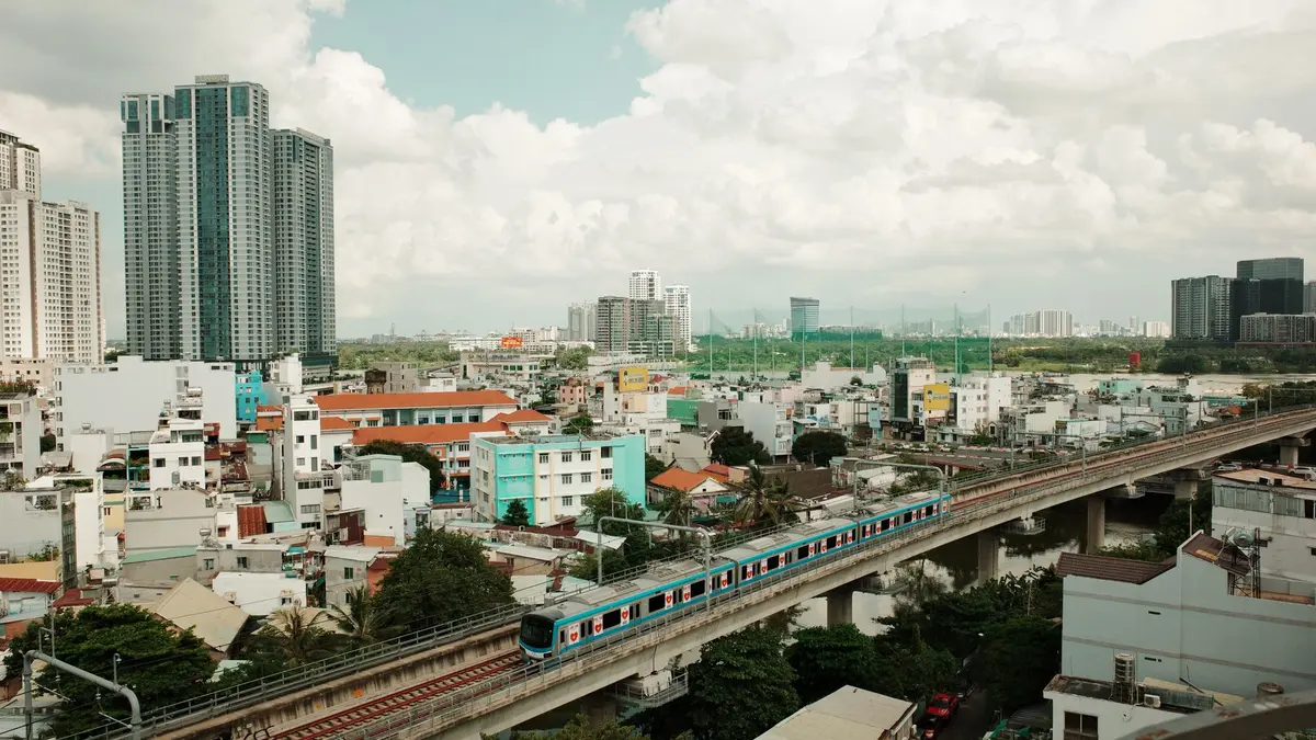 A Vietnamese train crossing a bridge along the coast between Hue and Da Nang
